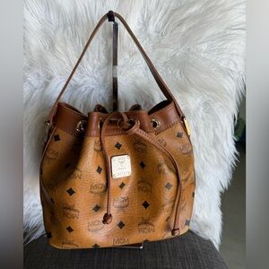 MCM Brown Logo Drawstring Hobo Bag